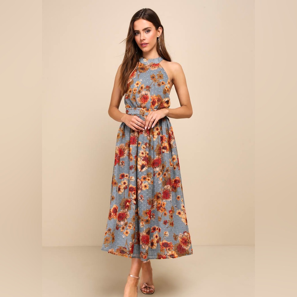 Lulu's Floral Halter Maxi Dress in Blue and Red